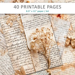 Puede incluir: Una colección de 40 páginas imprimibles con estética vintage. Las páginas miden 21,6 cm x 27,9 cm y presentan escritura manuscrita, encaje y flores secas en tonos crema, beige y marrón. También se ve una mariposa.