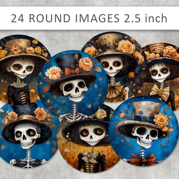 24 halloween skull circle images, Digital Collage Sheets, 2.5 inch Printable Circles, skull clipart, Printable Image, halloween magnets