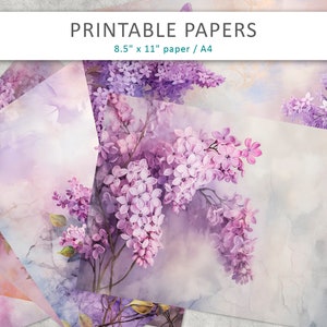 Junk Journal imprimable, papier numérique floral, pages de journal, papier de scrapbooking, fleurs violettes, cartes numériques, lilas Junk Journal, papier lilas