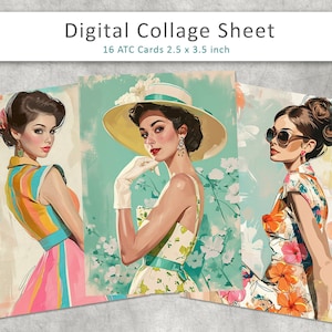 cartões ATC femininos dos anos 60, cartões de diário de lixo eletrônico, folha de colagem digital, cartão ATC imprimível, diário de lixo retrô, cartão digital, mulher da moda