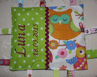 Baby crackling cloth, with wish name and birth date, owls,