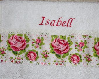 Towel, guest towel embroidered and decorated, with desired name, roses, lace lace, 30 x 50 cm