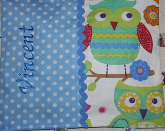 Baby crackling cloth, cuddly cloth, with wish names, owls,