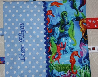 Baby knitcloth, cuddly towel, embroidered with wish name, seahorse, sea horse