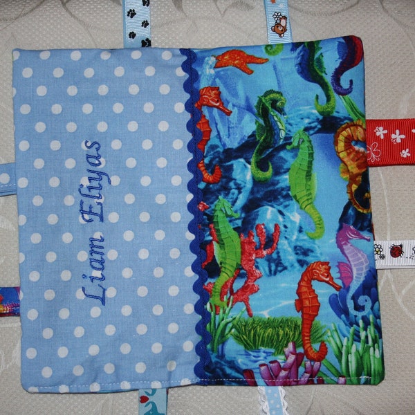 Baby knitcloth, cuddly towel, embroidered with wish name, seahorse, sea horse