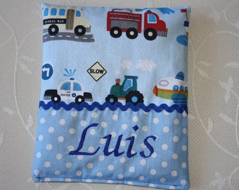 Cherry Pit Pack, heat pillow for babies, embroidered with desired name, vehicles, airplane, ship