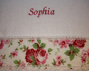 Towel with name, embroidered and decorated, roses, bobbin lace