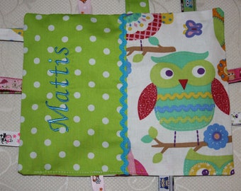 Baby crackling cloth, cuddly cloth, embroidered with wish name, owl, owl