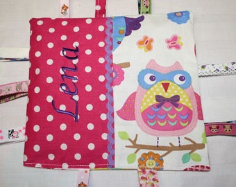 Baby crackling cloth, cuddly cloth, embroidered with wish name, owl