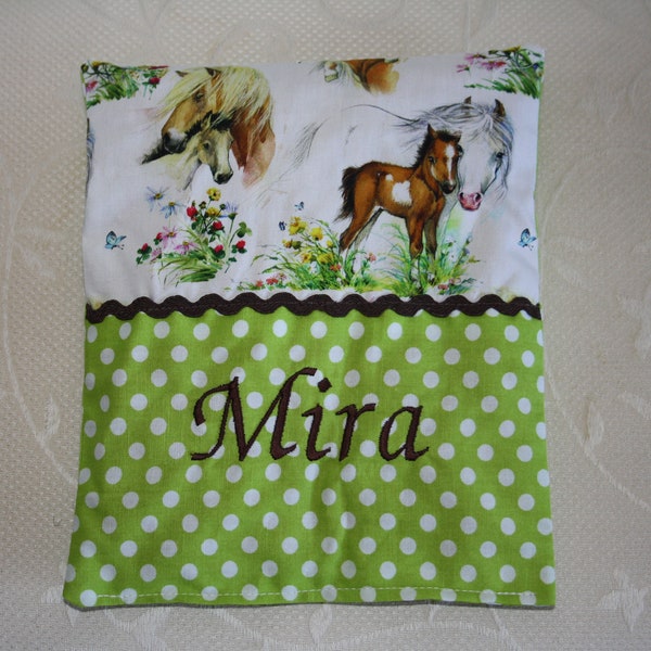 Baby cherry pit pillow, heat pillow, embroidered with desired names, horses, mare with foals, 2 variants