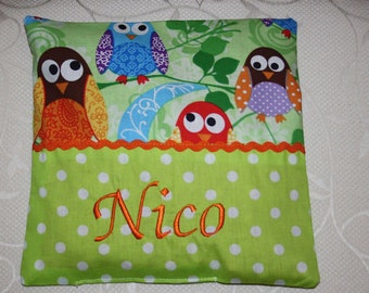 Cherry pit pillow, embroidered with desired name, new, owls