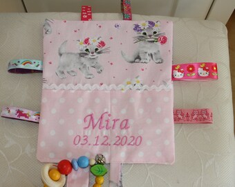 Baby crackling towel, cuddly towel, embroidered with wish name, optionally with wood gripper, cat, kitten, flower wreath