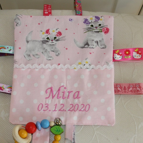 Baby crackling towel, cuddly towel, embroidered with wish name, optionally with wood gripper, cat, kitten, flower wreath