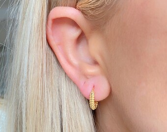 Bobble Huggie Hoops in Gold Vermeil, Small Oval Gold Vermeil Hoop Earrings, U shaped Mini Hoop Earrings, Sterling Silver Textured Hoops