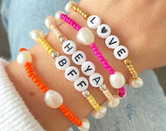 Personalised Bracelet with Pearls, Colourful Pearl Letter Bracelet, Stretchy Name or Word Bracelet,  Colour Pop Beaded Letter Bracelets