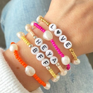 Pulsera personalizada con perlas, pulsera de letras de perlas de colores, pulsera de nombre elástico o palabra, pulseras de letras con cuentas pop de color