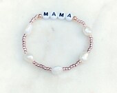 Rose Gold Letter Bracelet, Metallic Word Bracelet, Personalised Pearl Bracelet, Initials Bracelet, Rose Gold Letter Bead Bracelet with Pearl