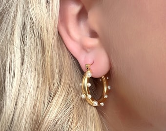 Chunky Pearl Studded Gold Hoops, Stainless Steel PVD Gold Plated Hoop Earrings with Faux Pearl Studs, Pearl and Gold Hoop Earrings
