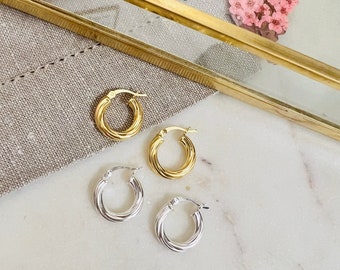 Twisted Mini Hoop Earrings in Sterling Silver or Gold Vermeil, Huggie Hoops with Twisted Metal Design, Lightweight Small Hoop Earrings