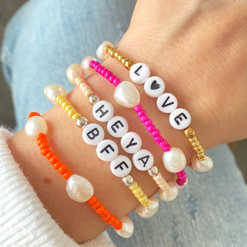 Personalised Bracelet with Pearls, Colourful Pearl Letter Bracelet, Stretchy Name or Word Bracelet, Colour Pop Beaded Letter Bracelets image 1