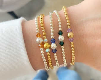 Birthstone Stacking Bracelet in Sterling Silver or Gold Filled with Swarovski Crystal Birthstones