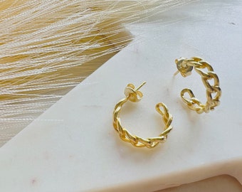 Gold Vermeil Chain Style Hoop Earrings, Gold or Silver Interlinking Chain Hooped Earrings, Small Gold Hoop Earrings with Chain Link Design