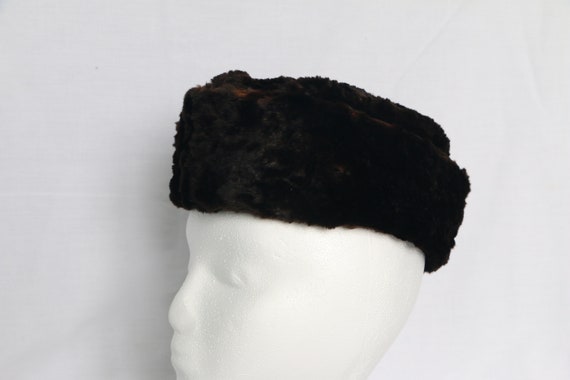 Vintage Retro Brown Fur Winter Pill Box Hat handw… - image 1