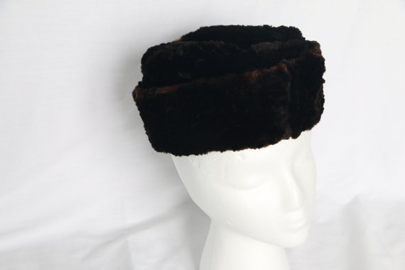 Vintage Retro Brown Fur Winter Pill Box Hat handw… - image 3