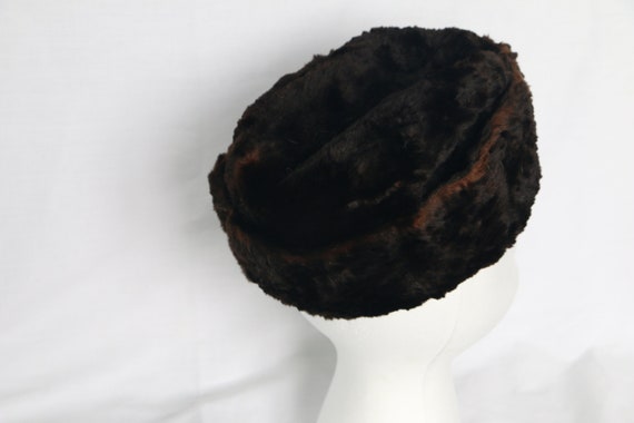 Vintage Retro Brown Fur Winter Pill Box Hat handw… - image 4