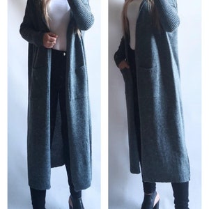 Cardigan long sweater with a hood, coat with pockets image 1