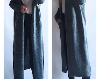 Cardigan long sweater with a hood, coat with pockets