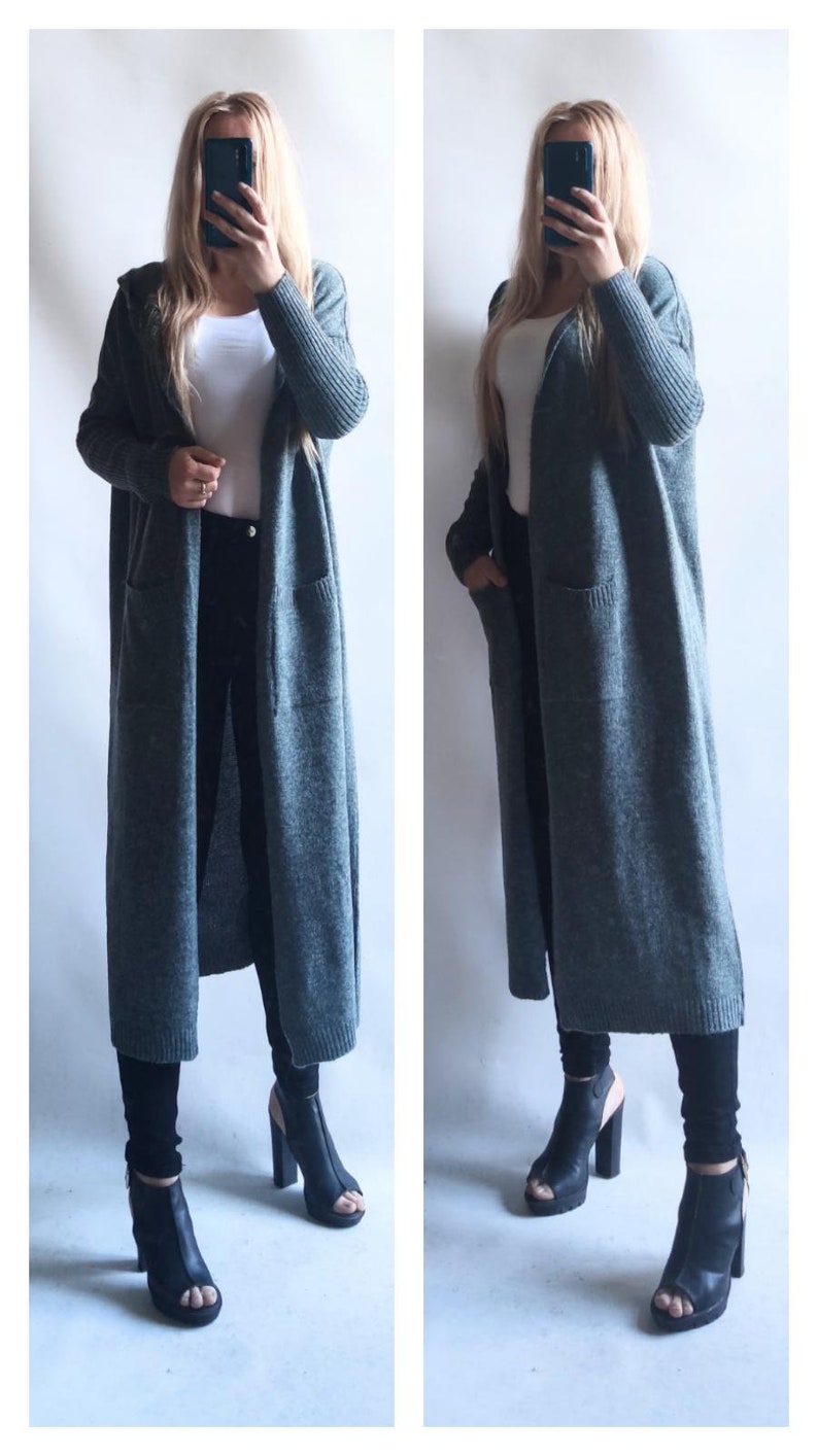 Cardigan long sweater with a hood, coat with pockets image 1