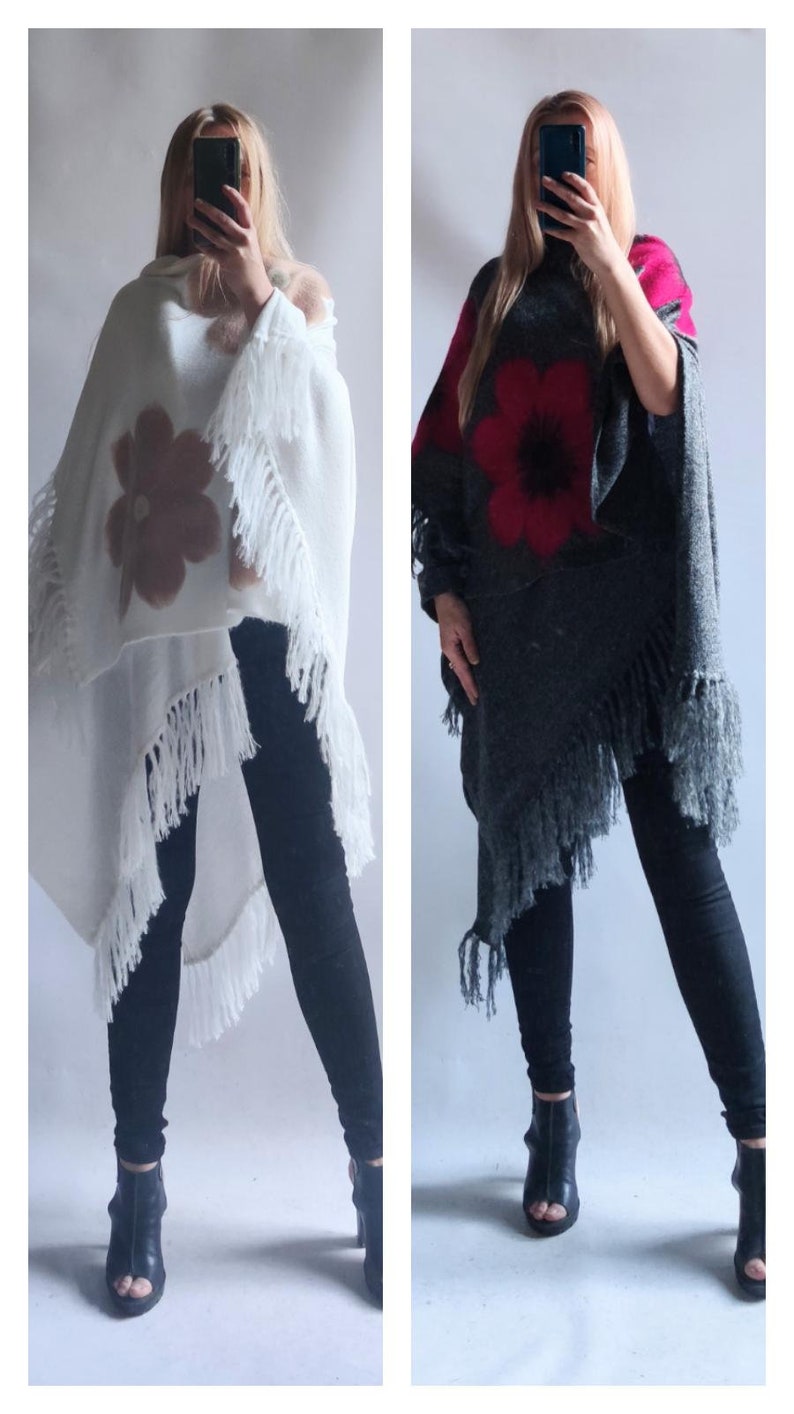 Poncho decorated with flowers, cape with tassels image 1