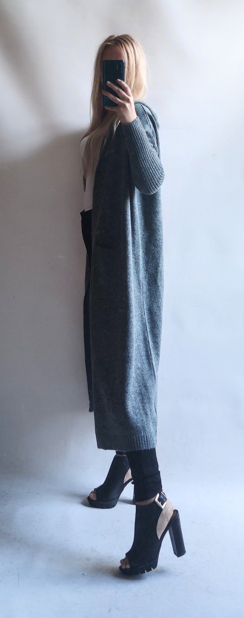Cardigan long sweater with a hood, coat with pockets image 4