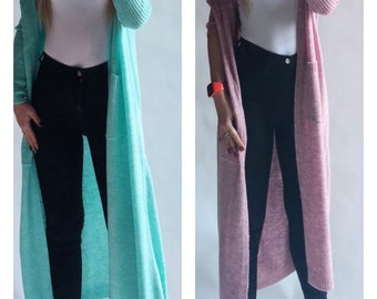 Cardigan long sweater with a hood, coat with pockets