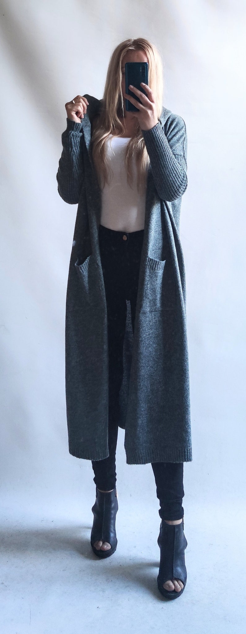 Cardigan long sweater with a hood, coat with pockets image 6