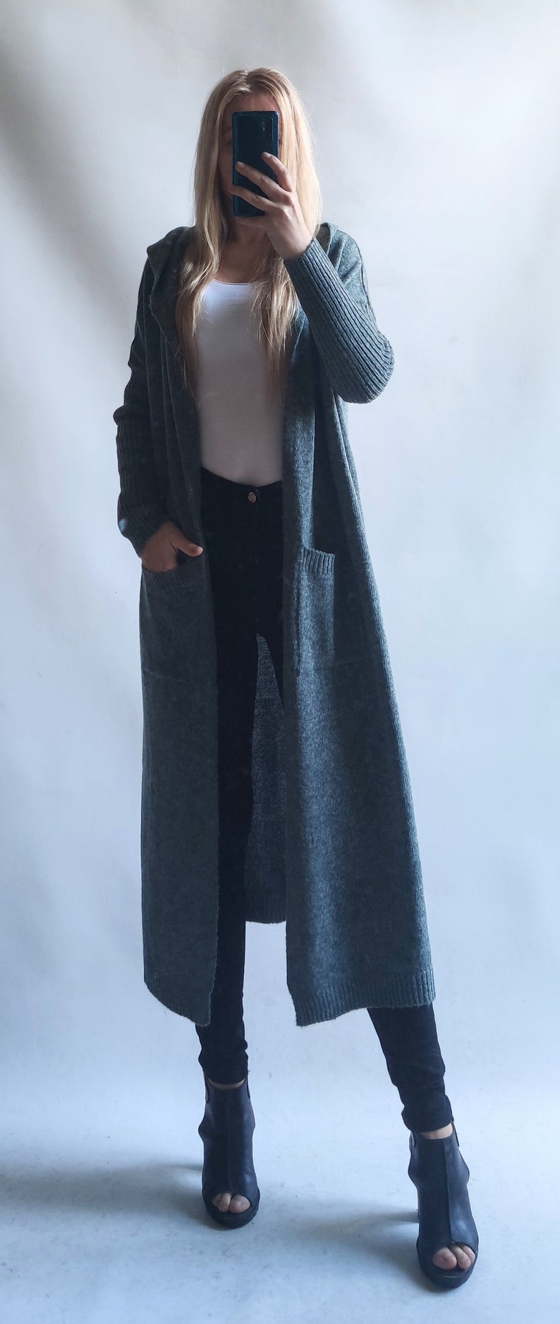 Cardigan long sweater with a hood, coat with pockets image 2