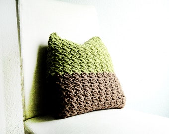 Crochet pillow cover Green Brown 40 cm x 40 cm Pure wool Crochet sofa cushion Merino wool