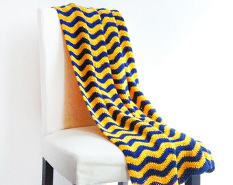 Crochet blanket about 80 x 145 cm wave pattern yellow blue day blanket crocheted stripe overthrow cuddle blanket