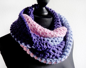 Crochet scarf crooks loop tube scarf 100% wool pink blue purple colorful winter scarf merino wool about 60 cm