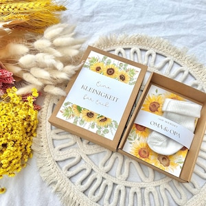 Schwangerschaft verkünden Geschenkschachtel SONNENBLUME Baby verkünden Ihr werdet Oma und Opa Babysocken Überraschung Baby