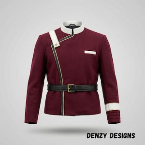May include: A burgundy jacket with a white collar and accents. The jacket features a black belt with a gold buckle, white shoulder detailing, and white cuffs. The text "DENZY DESIGNS" is at the bottom.