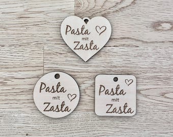 Pasta mit Zasta Anhänger einzeln, Holzanhänger für Geldgeschenk mit Nudeln, Hochzeit Geburtstag, rund eckig Herz auswählbar