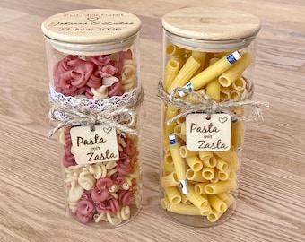 Pasta mit Zasta Glas, Geldgeschenk Verpackung, Glas mit Bambusdeckel, personalisiert mit Gravur, Geschenk zur Hochzeit oder Geburtstag