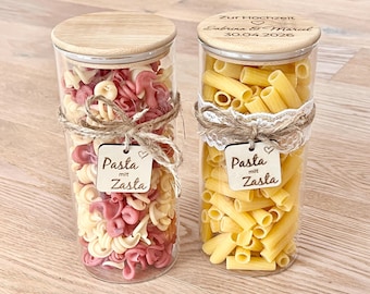 Pasta mit Zasta Glas, Geldgeschenk Verpackung, Glas mit Bambusdeckel, personalisiert mit Gravur, Geschenk zur Hochzeit oder Geburtstag