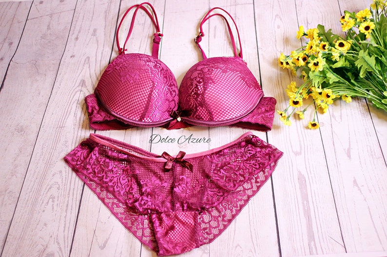 Sexy Pink Plum Fuchsia Lace Push-Up Bra Panty Lingerie Set | Etsy