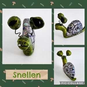 May include: A collage of three images showcasing a whimsical snail sculpture. The snail features a green body, a silver shell with iridescent accents, and two large, green eye stalks. The word "Snellen" is displayed in a banner.