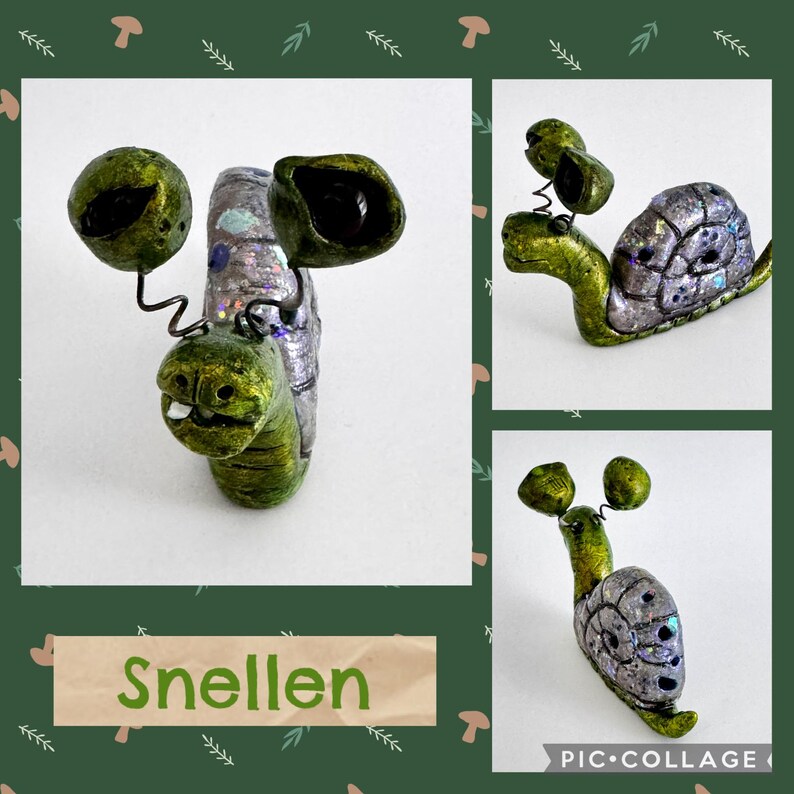 May include: A collage of three images showcasing a whimsical snail sculpture. The snail features a green body, a silver shell with iridescent accents, and two large, green eye stalks. The word "Snellen" is displayed in a banner.