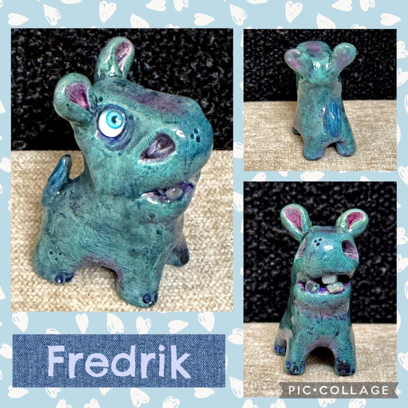 May include: A teal ceramic figurine of a creature with large ears, a wide grin, and blue eyes. The figurine has purple accents and the name "Fredrik" is displayed below. The image is a collage with multiple views of the figurine.
