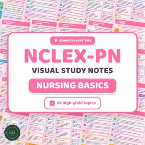 Peut inclure: Une collection de fiches d'étude visuelles NCLEX-PN intitulée Nursing Basics, comprenant 62 sujets à haut rendement. Les cartes sont imprimées en rose, blanc et bleu avec du texte détaillant les procédures médicales et les soins infirmiers.